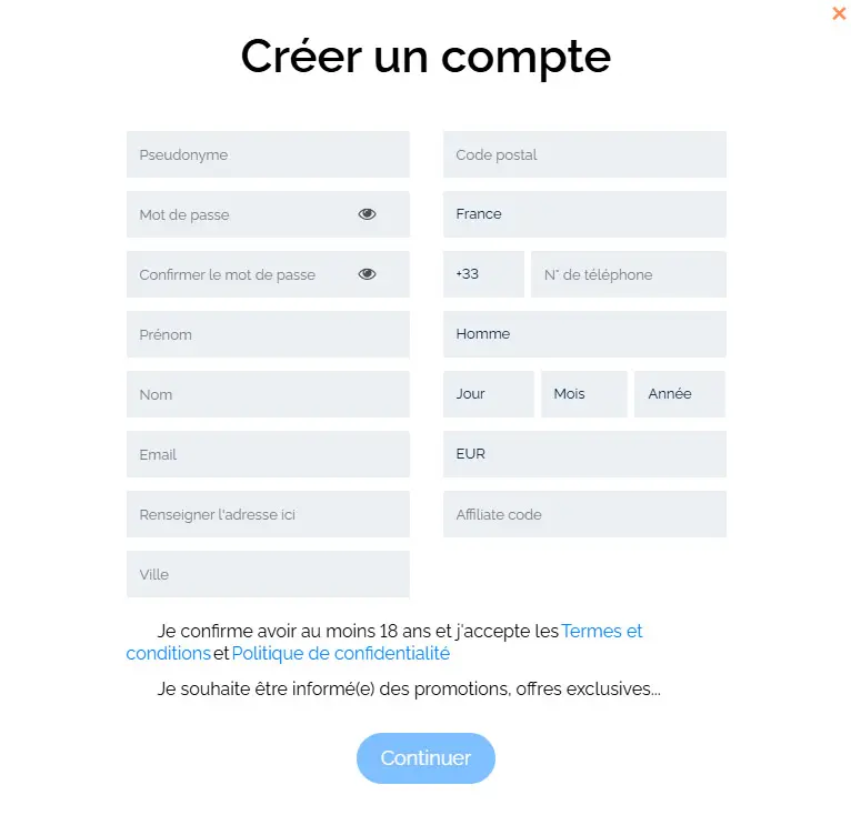 Processus d'inscription ALL WINS CASINO